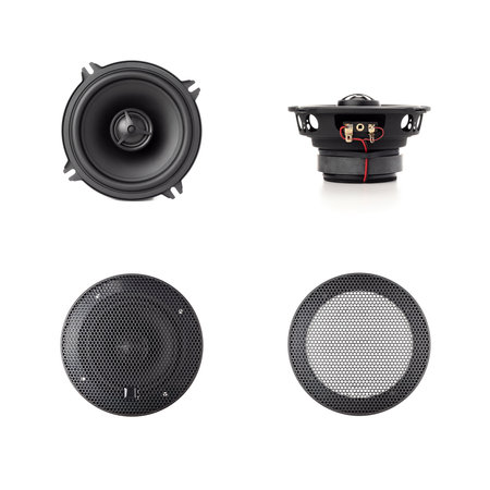 Black speaker elements collection. Car audio acoustic round speaker with waffle grill protector cover isolated on white background.の写真素材