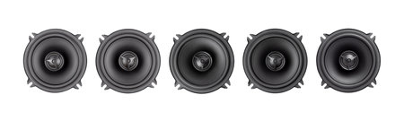 Group of five black speakers isolated on white background, circular sound devices. Stylish car audio acoustic round speakers.の写真素材