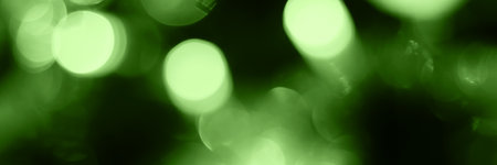 Blurred lights, green background, banner texture. Abstract bokeh with soft light header. Wide screen wallpaper. Panoramic web banner with copy space for designの写真素材