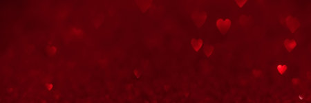 Red hearts, sparkling glitter bokeh background banner, valentines day abstract defocused texture header.の写真素材