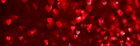 Red hearts, sparkling glitter bokeh background banner, valentines day abstract defocused texture header.の写真素材