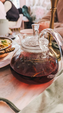 Glass teapot filled with herbal tea, marble table, restaurant setting.の写真素材