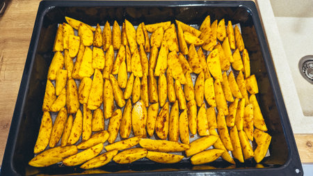 Roasted yellow potatoes arranged on baking tray with seasoning, top view.の写真素材