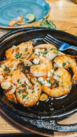 Sizzling shrimp dish with garlic and herbs on cast iron plate, served with fork.の写真素材