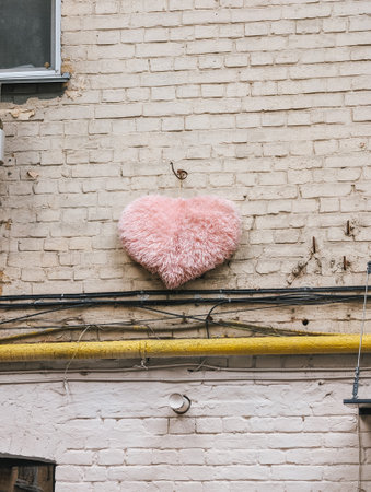 Fuzzy pink heart decoration against white brick wall with wires.の写真素材