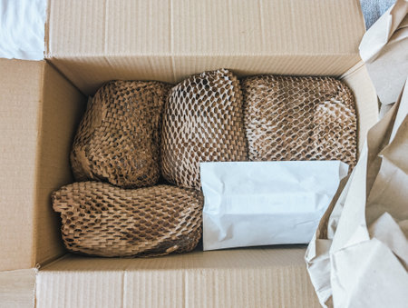 Cardboard box containing wrapped items with protective paper and packaging material, top view.の写真素材