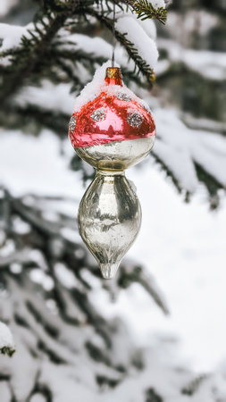 Red and white glass Christmas ornament hanging on snow-covered pine tree during winter season.の写真素材