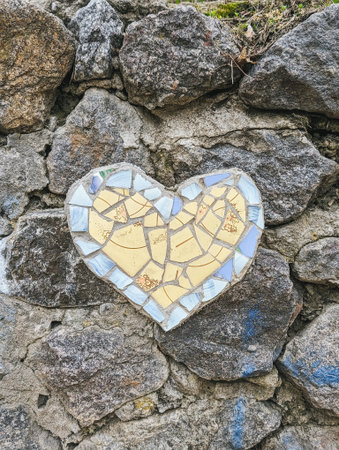 Mosaic heart shape made of tiles on natural stone wall.の写真素材