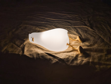 Duck-shaped lamp with soft glow lying on cozy blanket.の写真素材