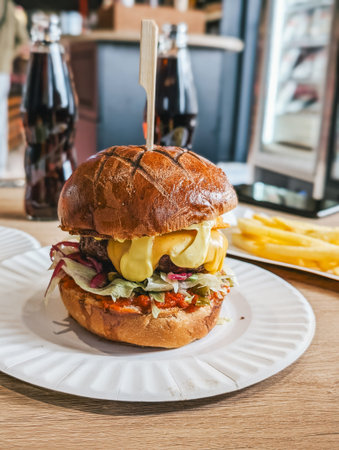 Delicious gourmet burger with lettuce, cheese, sauce, and side fries on a plateの写真素材