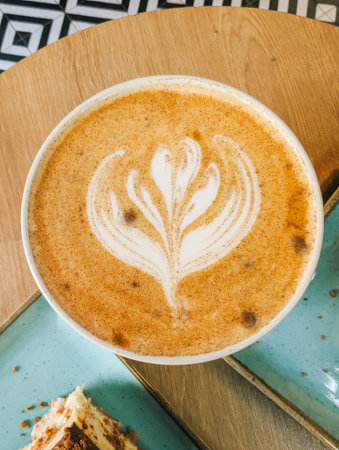 Latte with decorative milk foam on wooden table, dessert in background.の写真素材