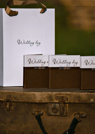 Design of wedding disc. Boxes and packages. Photo taken on the open air. Everything for the wedding.の写真素材