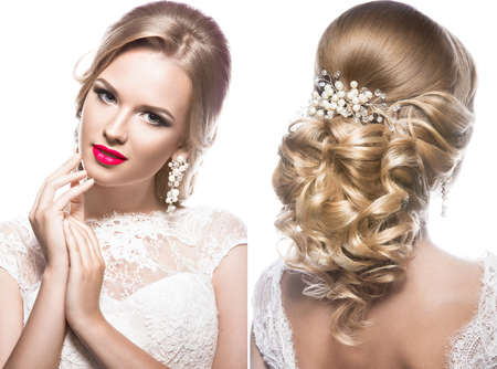 Beautiful blond woman in image of the bride with flowers. Beauty face and Hairstyle. Picture taken in the studioの写真素材