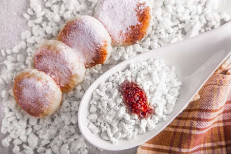 Cheesecakes with powdered sugar, cottage cheese and jam, sour cream on a background of scattered muesli. Picture taken in the studioの写真素材