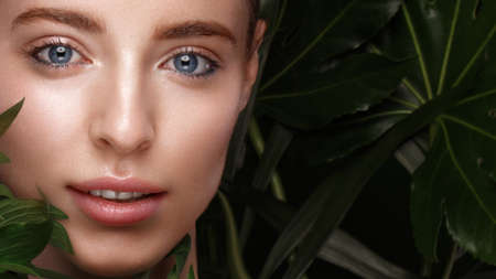 Beautiful fresh girl with perfect skin, natural make-up and green leaves. Beauty face. Photo taken...