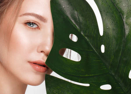 Beautiful fresh girl with perfect skin, natural make-up and green leaves. Beauty face. Photo taken in the studio.の写真素材