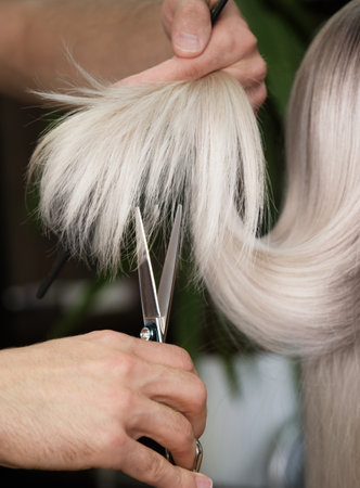 Young woman in a hairdressing salon dyes her hair blond and cuts hair.の写真素材