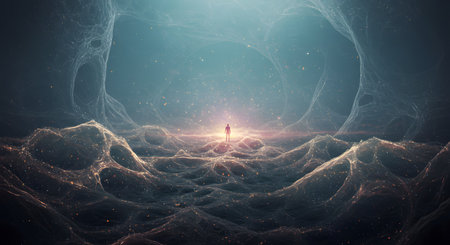 Conceptual image of a man standing in a dark space with glowing particles.の素材