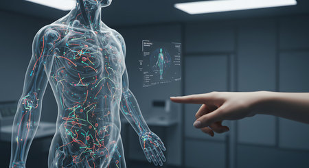 Digital composite of 3D human body with circulatory system and medical interfaceの写真素材