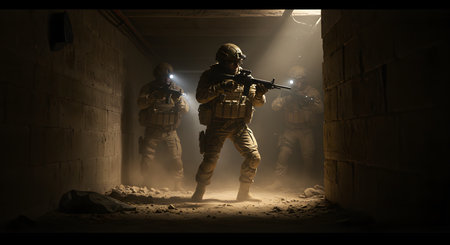 Special forces soldiers in action at night. Studio shot.の写真素材
