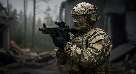 Portrait of a special forces soldier with assault rifle in the forestの写真素材