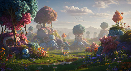 Fantasy landscape with flowers and trees in the garden. 3d renderの写真素材