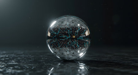 Futuristic crystal ball with binary code inside on black background. 3D renderingの写真素材