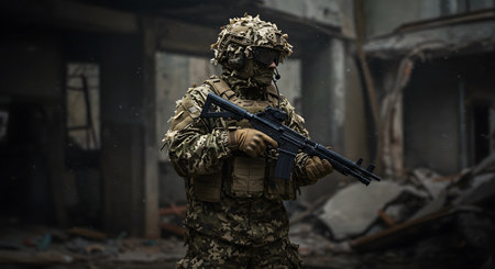 Portrait of a special forces soldier with assault rifle in the destroyed buildingの写真素材