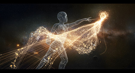 Futuristic female robot holding energy in her hands.の写真素材