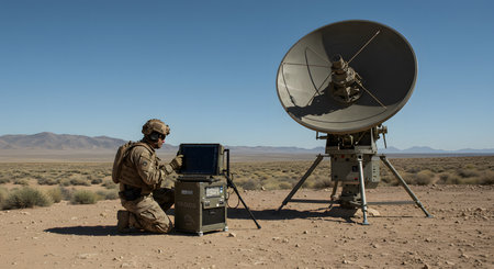 Soldier with a satellite dish in the middle of the desert.の写真素材