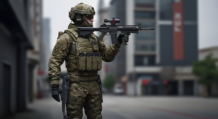 Special forces soldier with assault rifle in the city. 3d renderingの写真素材