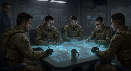 Group of soldiers sitting at the table and looking at the map.の写真素材