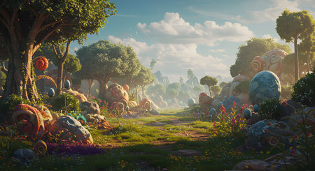 3D rendering of fantasy fantasy garden with trees, plants and flowersの写真素材