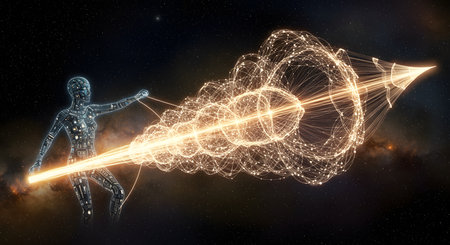 Cyborg with glowing cloud and arrow. Artificial intelligence concept. 3D Renderingの写真素材