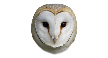 Explore the mesmerizing face of a barn owl, showcasing its distinct white, heart-shaped face and striking dark eyes against an isolated backdrop.の素材