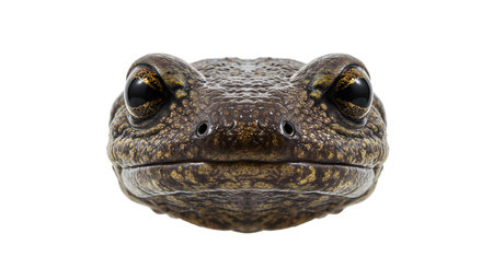 Close up of the head of a brown frog isolated on white backgroundの素材