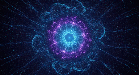 This dynamic abstract art represents a cosmic energy field with vibrant blue and purple hues, symbolizing innovation, potential, and an ethereal, futuristic vibe.の素材