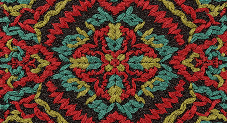 Detailed embroidered textile pattern presents vivid threads of red, green, and yellow arranged in a symmetrical floral motif, giving depth and visual impact to the dark canvas.の素材