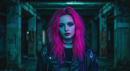 Edgy female portrait in a decaying building. Bright pink hair and dark makeup contrasts with the concrete and graffiti-covered backdrop, providing a striking visual narrative.の素材