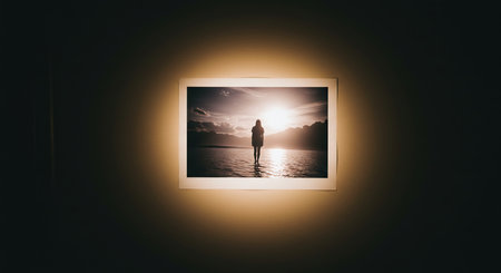 A framed landscape art print showcasing a lone figure at dusk evokes feelings of calm, wanderlust, and reflection, perfect for backgrounds, interior design, or thoughtful visuals.の素材
