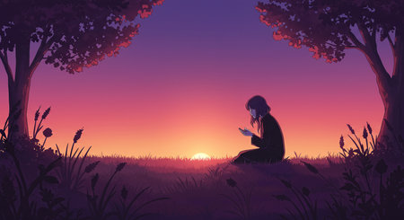 Peaceful illustration of a person using a cellphone at twilight, surrounded by nature with a colorful sunset backdrop, ideal for digital art or lifestyle concepts.の素材