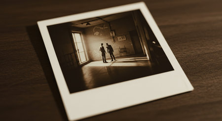 A vintage instant film print featuring two people standing in a retro interior room flooded with natural light and nostalgic sepia tones, evoking a sense of history and memories.の素材