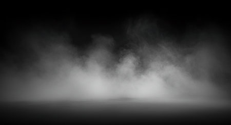 Evocative black and white backdrop showcases simulated smoke or fog swirling from the ground upwards, perfect for creating a suspenseful atmosphere in designs.の素材