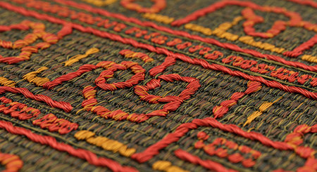 A captivating close-up showcases the detailed woven fabric with elaborate red and gold embroidered designs, presenting an abstract and artistic textile design with rich texture.の素材