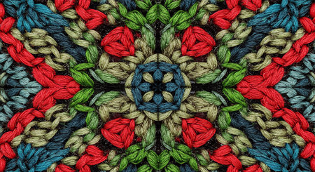 Detailed close-up reveals the colorful crochet knit pattern, perfect for textures, design, and backgrounds. A textured, knitted backdrop with a harmonious color palette.の素材