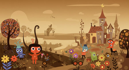 Adorable cartoon monsters with a playful house and flowers in an adorable illustration, perfect for adding a touch of charm to designs and children's books and media.の素材