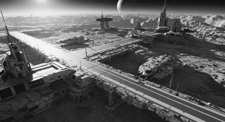 Grayscale rendering showcases a futuristic lunar base set in space, highlighting intricate architectural structures, a distant moon, and the station's remote, detailed design.の素材