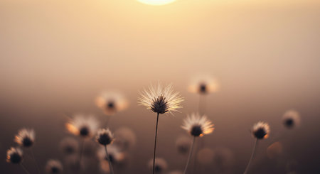 A tranquil scene of meadow wildflowers basked in the warm light of sunset evoking a sense of serene beauty and quiet contemplation for a peaceful, calming aesthetic.の素材