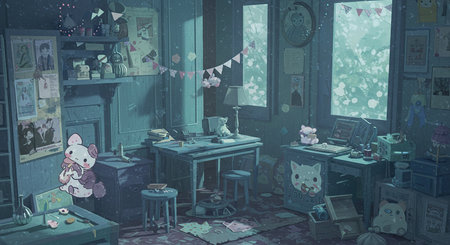 This illustration showcases an anime-style interior design with desks, chairs, decorations and pastel aesthetics, embodying a soothing ambience through soft lighting and detailed elements.の素材