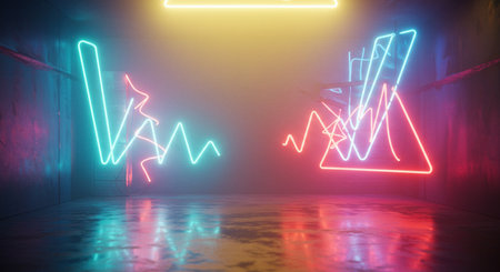 Modern installation with geometric shapes in neon lighting against a dark background reflecting on the floor adds a futuristic ambiance and abstract art design, perfect for backgrounds.の素材